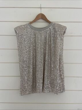 Anthro Sequin Knit Cap Sleeve Top in Champagne size M